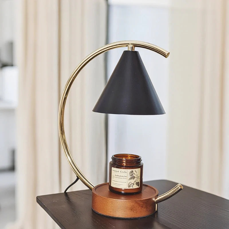 Dimmable Moonveil wax warmer lamp with natural wood base, arched iron frame, and warm white dimmable light 14