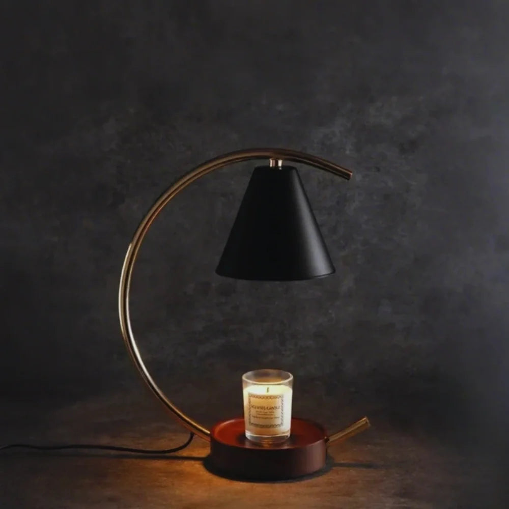 Dimmable Moonveil wax warmer lamp with natural wood base, arched iron frame, and warm white dimmable light 2