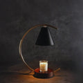 Dimmable Moonveil wax warmer lamp with natural wood base, arched iron frame, and warm white dimmable light 2