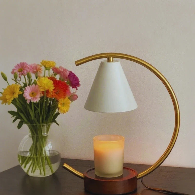 Dimmable Moonveil wax warmer lamp with natural wood base, arched iron frame, and warm white dimmable light 3