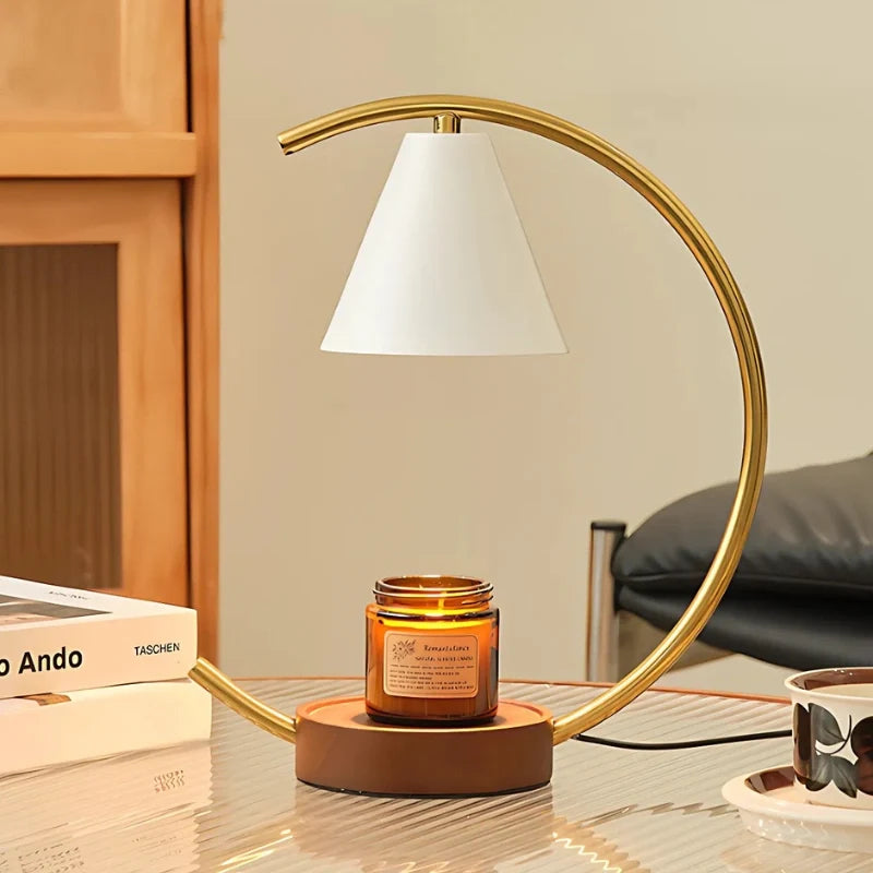 Dimmable Moonveil wax warmer lamp with natural wood base, arched iron frame, and warm white dimmable light 4
