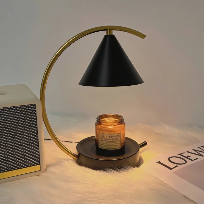 Dimmable Moonveil wax warmer lamp with natural wood base, arched iron frame, and warm white dimmable light 5