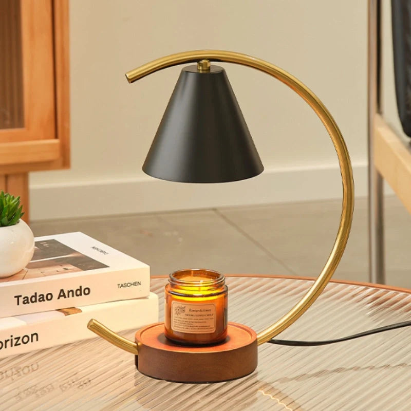Dimmable Moonveil wax warmer lamp with natural wood base, arched iron frame, and warm white dimmable light 6