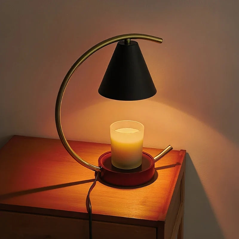 Dimmable Moonveil wax warmer lamp with natural wood base, arched iron frame, and warm white dimmable light 8