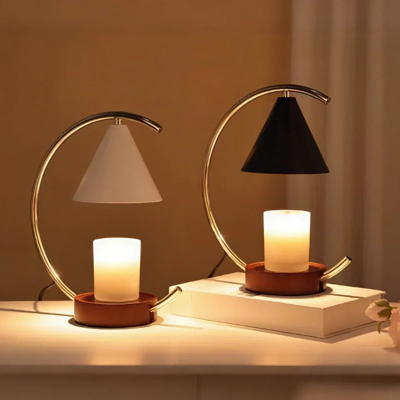 Dimmable Moonveil wax warmer lamp with natural wood base, arched iron frame, and warm white dimmable light 9
