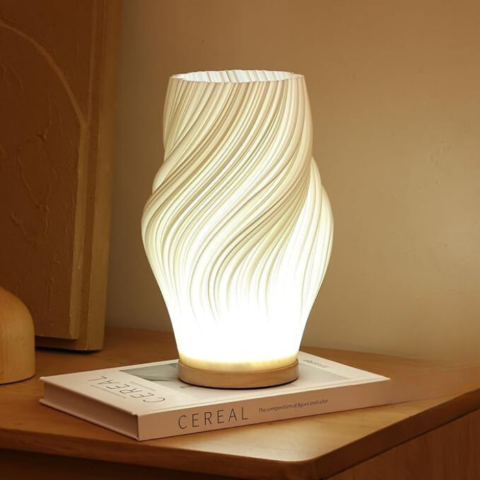 Dimmable Serene Wavecrest Lamp with wave-shaped shade and wooden base