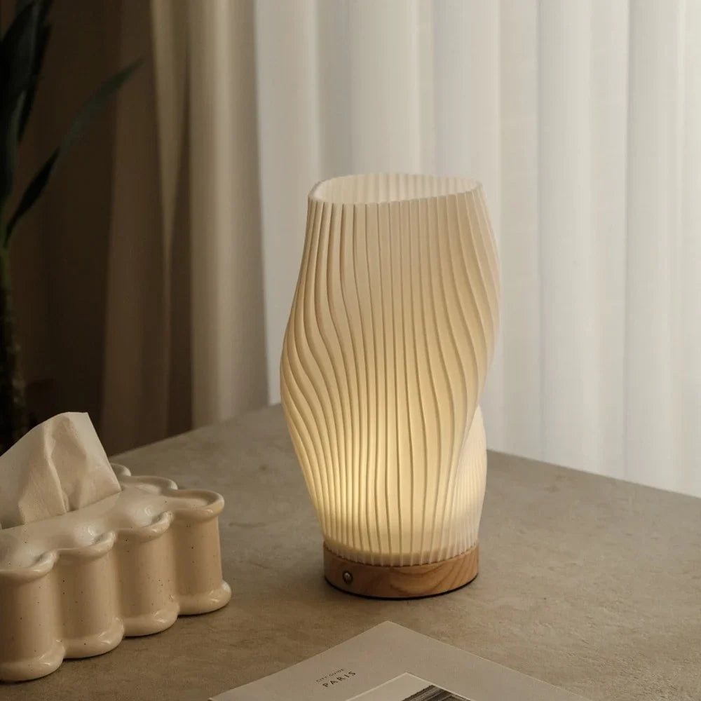 Dimmable Serene Wavecrest Lamp with wave-shaped shade and wooden base 10