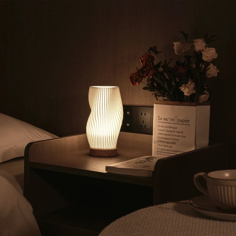 Dimmable Serene Wavecrest Lamp with wave-shaped shade and wooden base 11