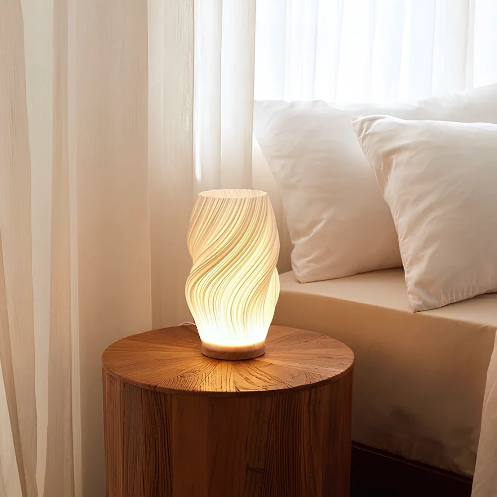 Dimmable Serene Wavecrest Lamp with wave-shaped shade and wooden base 12