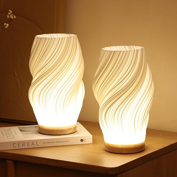 Dimmable Serene Wavecrest Lamp with wave-shaped shade and wooden base 2