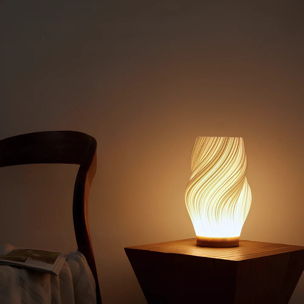 Dimmable Serene Wavecrest Lamp with wave-shaped shade and wooden base 5