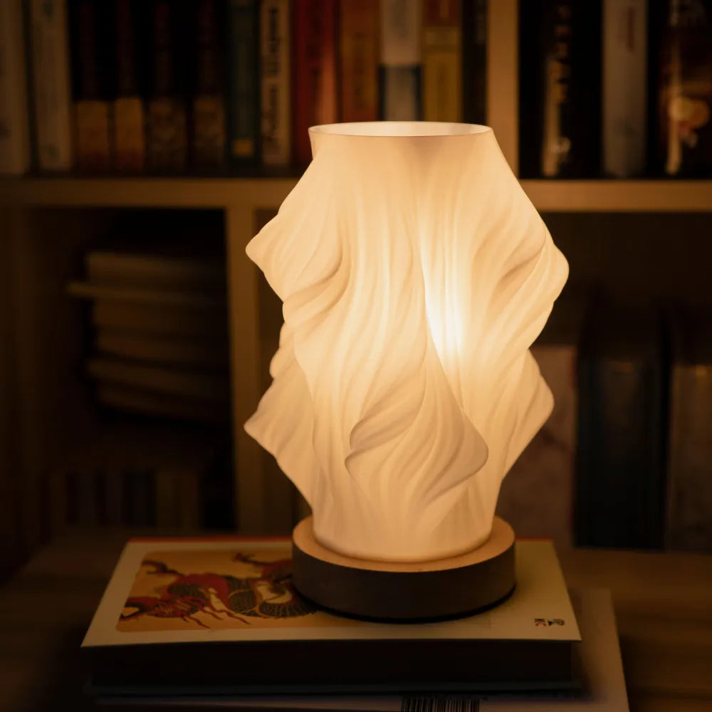 Dimmable Serene Wavecrest Lamp with wave-shaped shade and wooden base 8