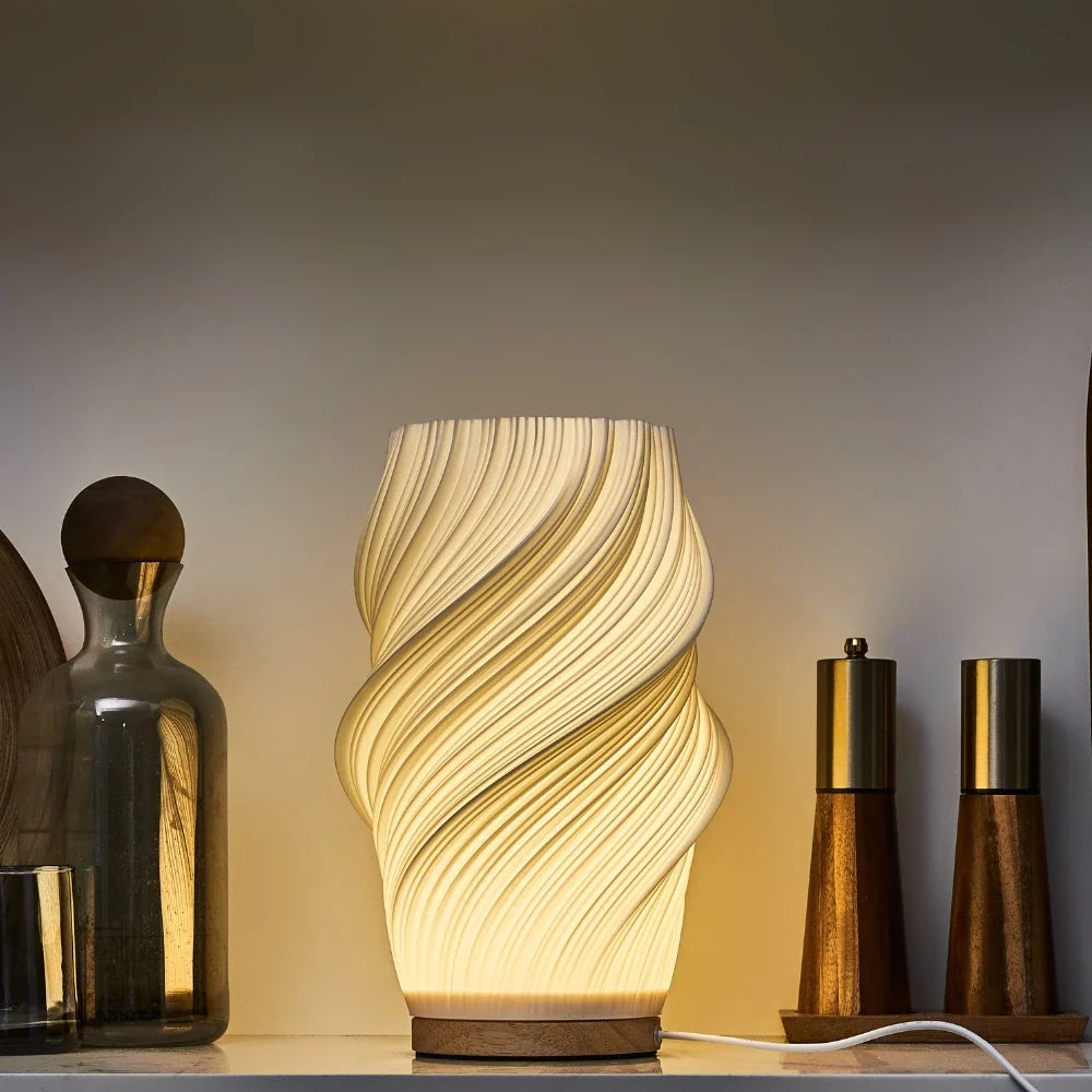 Dimmable Serene Wavecrest Lamp with wave-shaped shade and wooden base 9