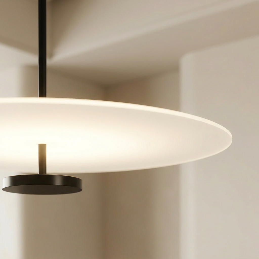 Elegant disc pendant lamp providing warm light for home decor. 2