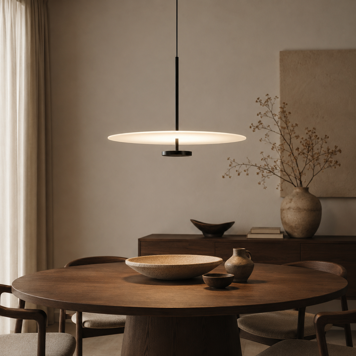 Elegant disc pendant lamp providing warm light for home decor. 3