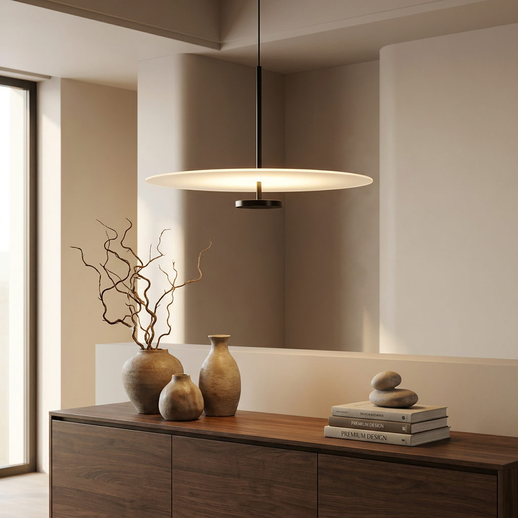 Elegant disc pendant lamp providing warm light for home decor. 4