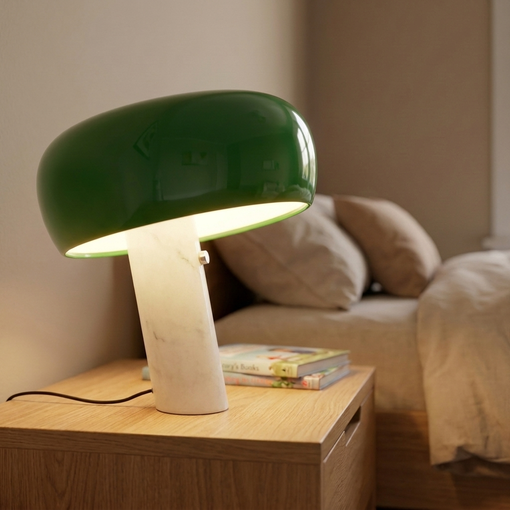 Elegant Dome Table Lamp with Enamelled Metal Shade and Marble Base