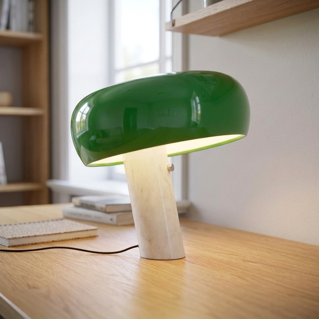 Elegant Dome Table Lamp with Enamelled Metal Shade and Marble Base 2