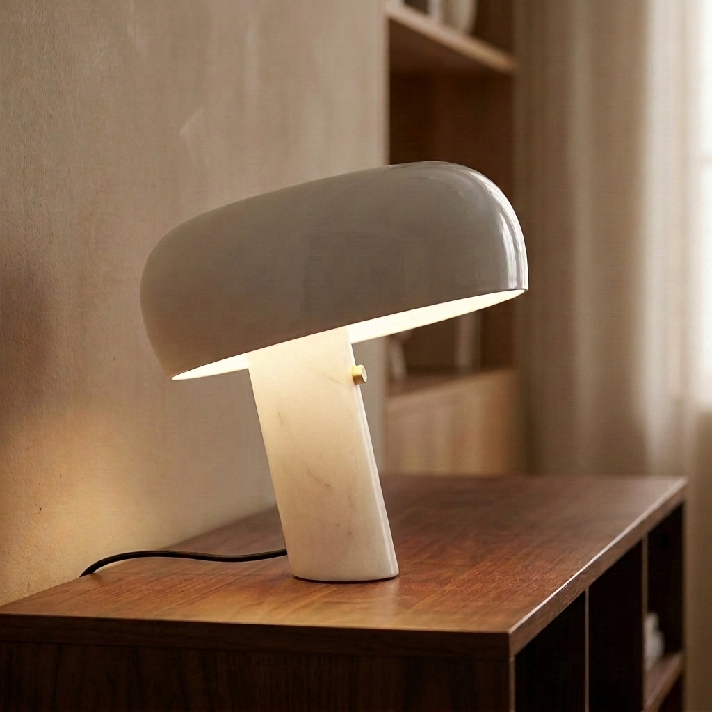 Elegant Dome Table Lamp with Enamelled Metal Shade and Marble Base 7