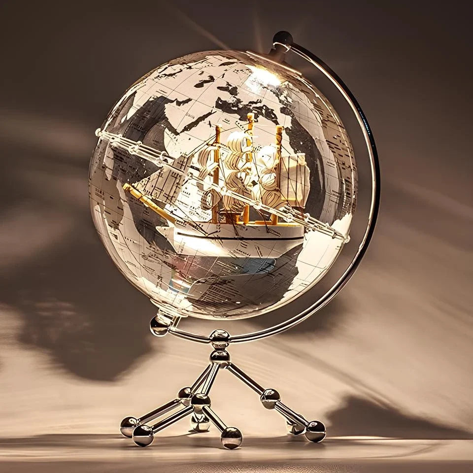 Modern educational globe light with metallic frame, world map design, and warm white glow for office and home decor