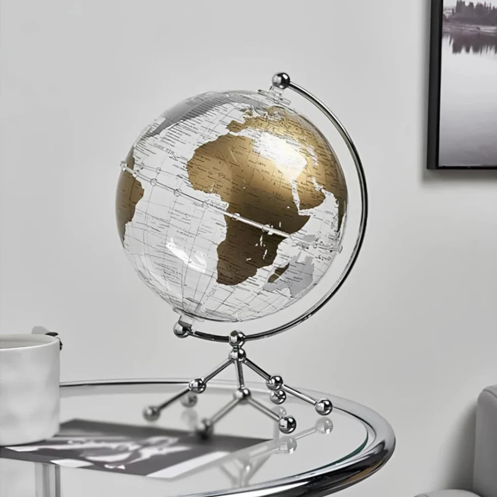 Modern educational globe light with metallic frame, world map design, and warm white glow for office and home decor 3