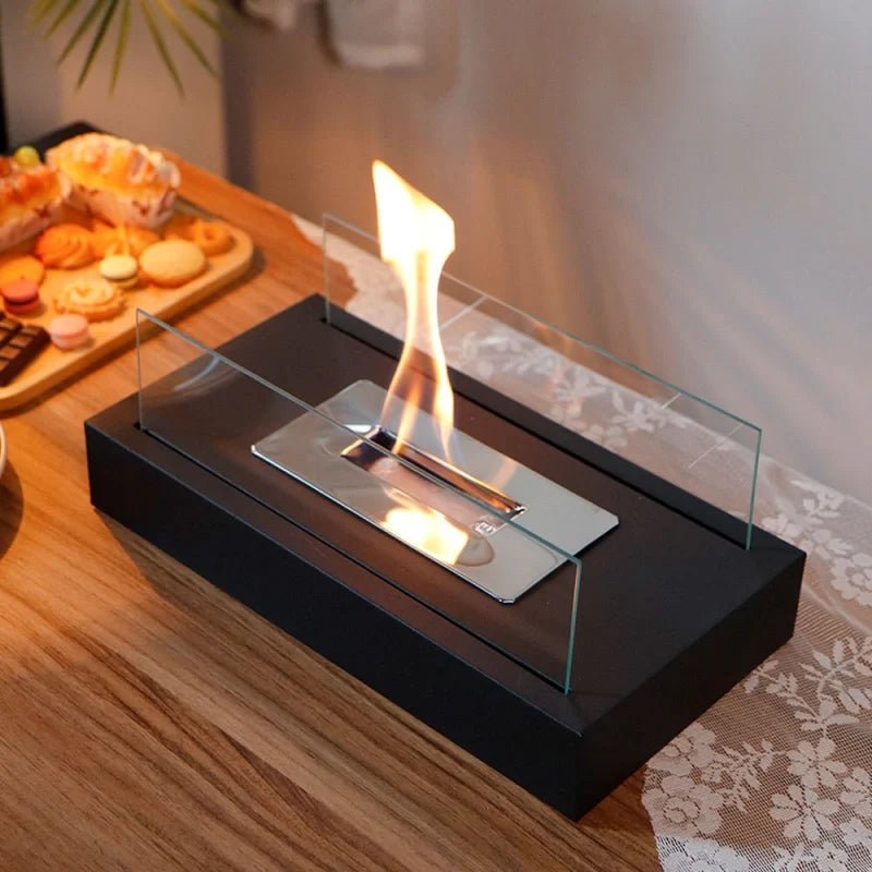 Elegant tabletop fireplace with tempered glass panels and metal base showcasing real flame ambiance 11