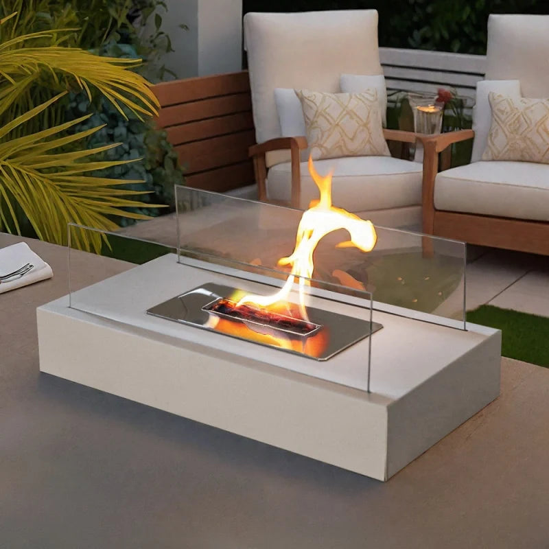 Elegant tabletop fireplace with tempered glass panels and metal base showcasing real flame ambiance 12