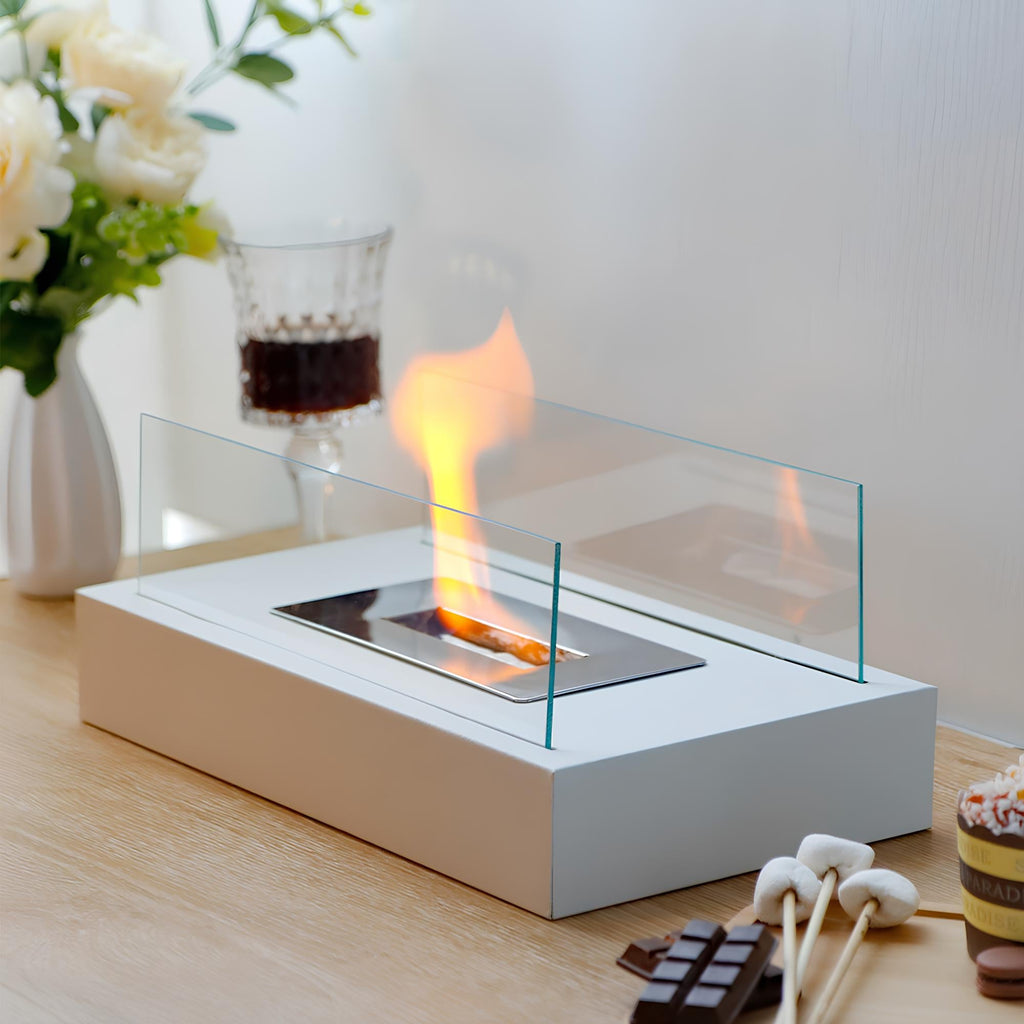 Elegant tabletop fireplace with tempered glass panels and metal base showcasing real flame ambiance 14