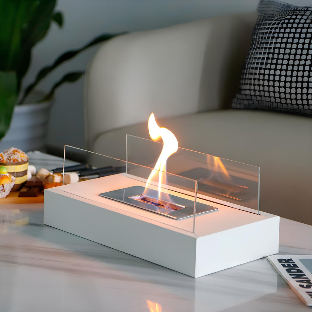 Elegant tabletop fireplace with tempered glass panels and metal base showcasing real flame ambiance 2