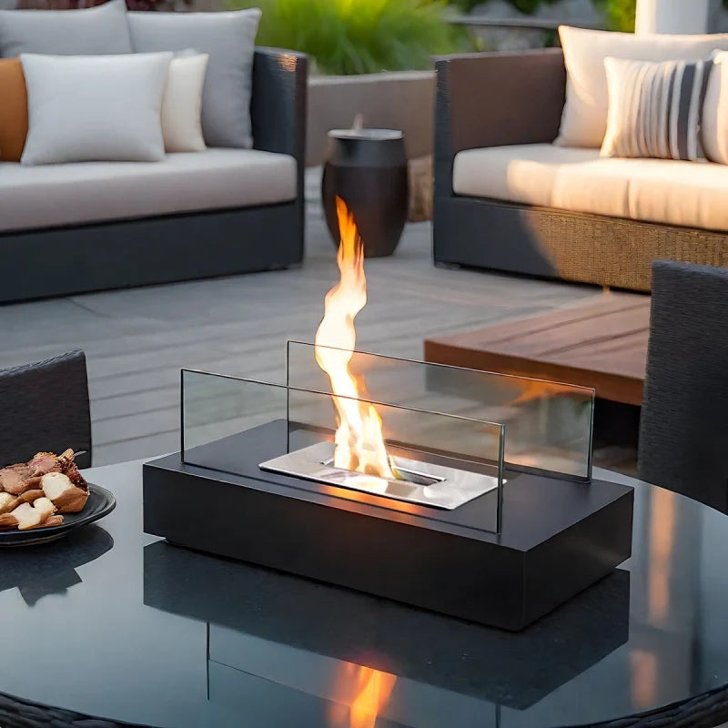 Elegant tabletop fireplace with tempered glass panels and metal base showcasing real flame ambiance 3