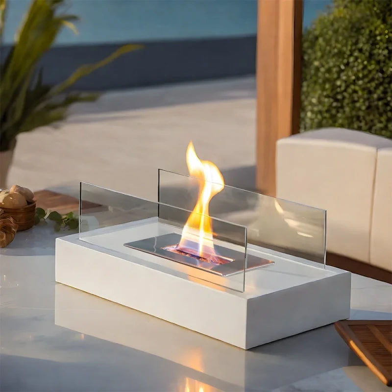 Elegant tabletop fireplace with tempered glass panels and metal base showcasing real flame ambiance 4