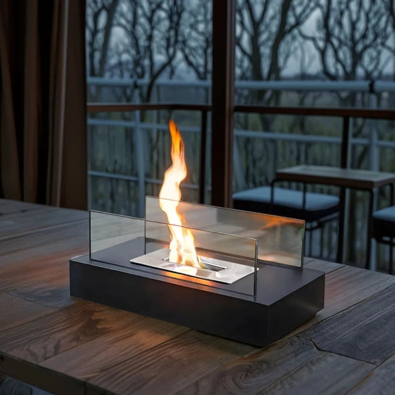 Elegant tabletop fireplace with tempered glass panels and metal base showcasing real flame ambiance 5