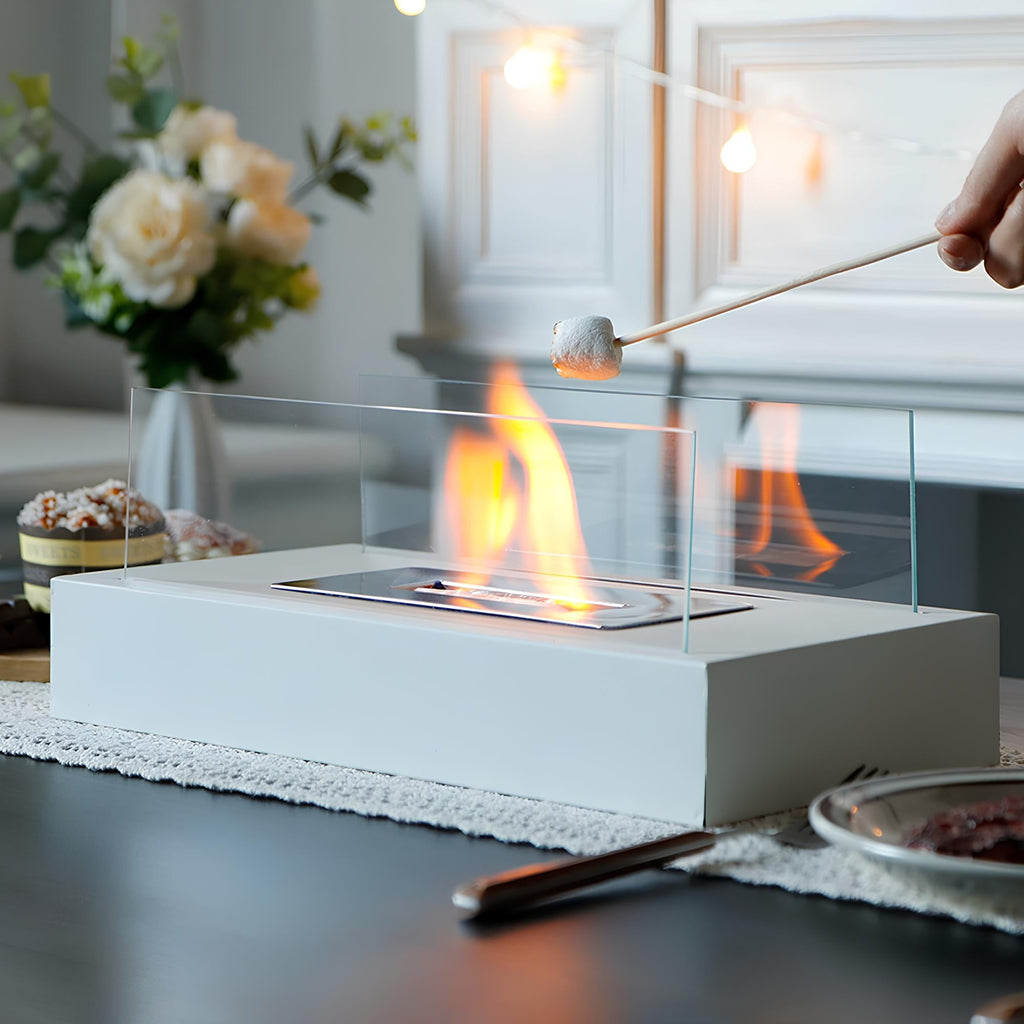 Elegant tabletop fireplace with tempered glass panels and metal base showcasing real flame ambiance 6