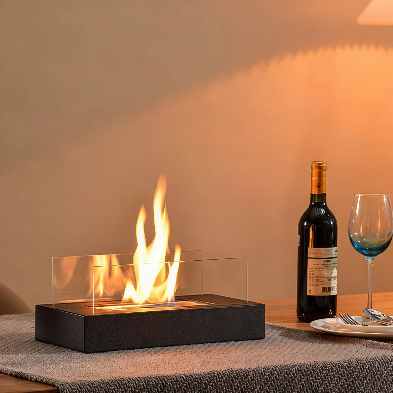 Elegant tabletop fireplace with tempered glass panels and metal base showcasing real flame ambiance 7