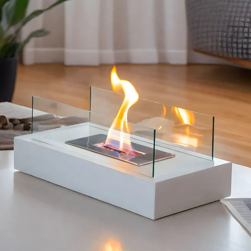 Elegant tabletop fireplace with tempered glass panels and metal base showcasing real flame ambiance 8