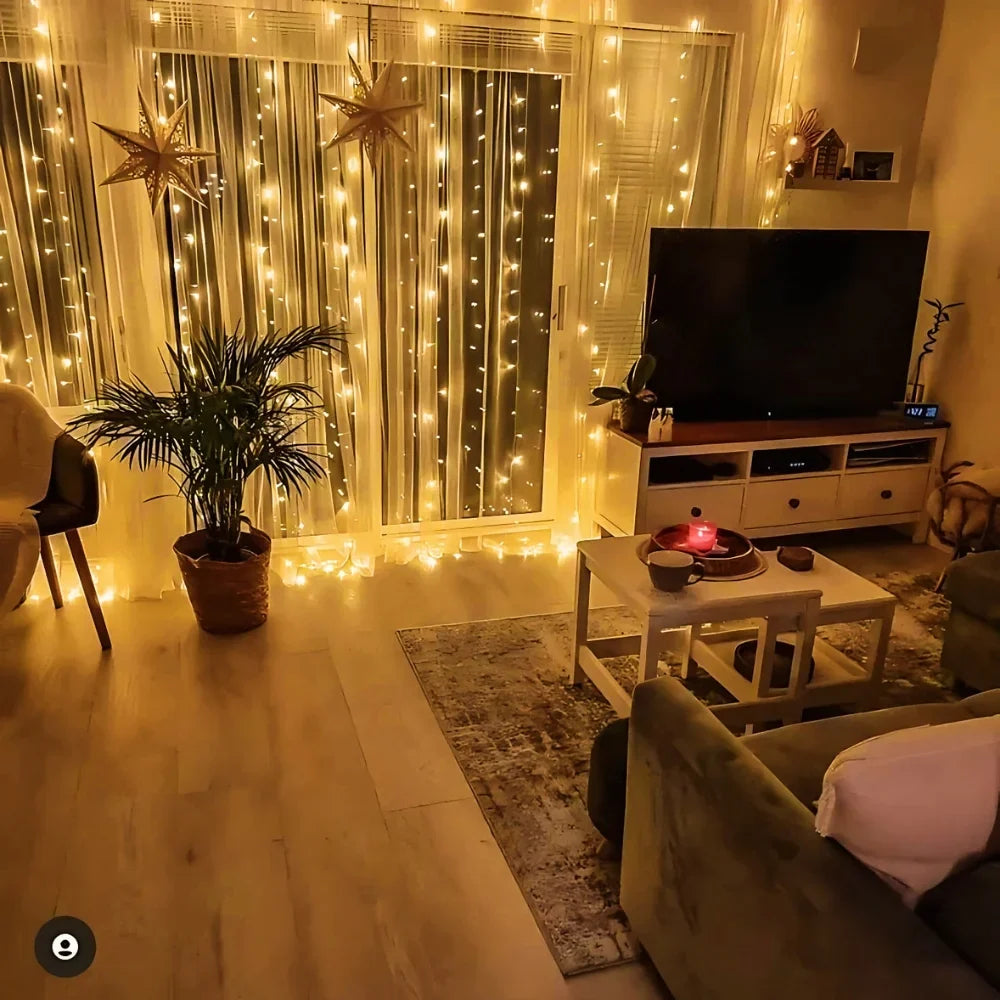Enchanting Fairy Curtain warm white LED string lights with remote control and 8 lighting modes