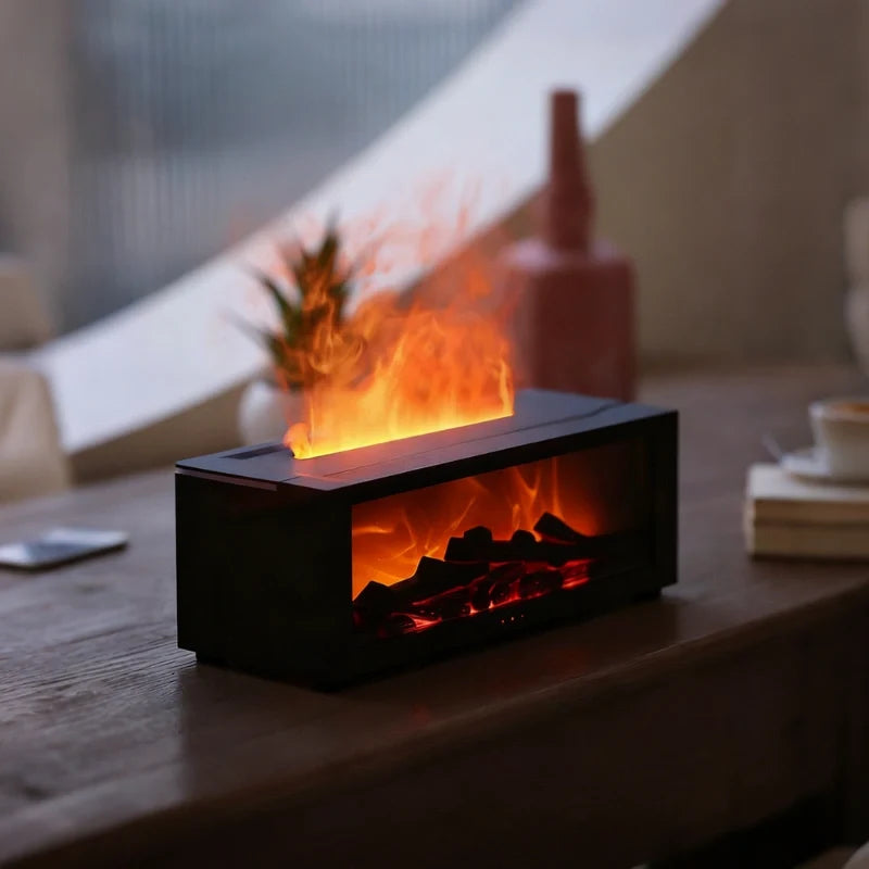 Flame humidifier producing cool mist with realistic fireplace lighting effect on a table