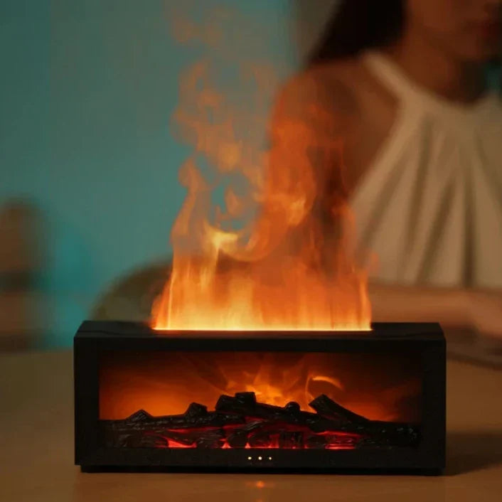 Flame humidifier producing cool mist with realistic fireplace lighting effect on a table 10
