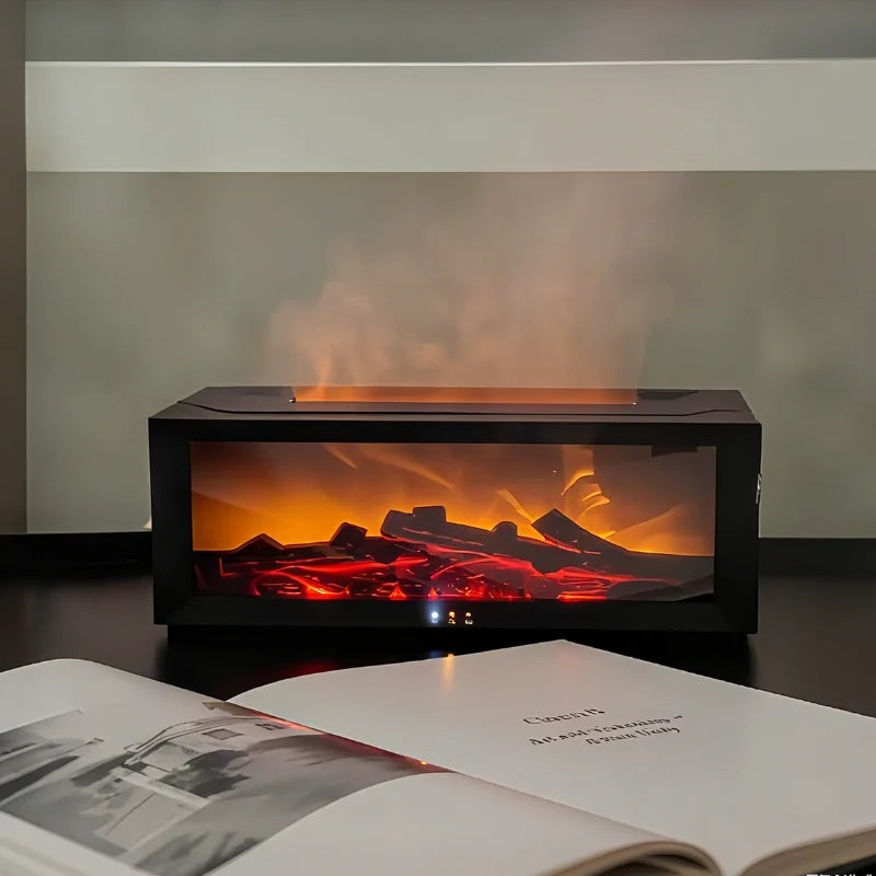 Flame humidifier producing cool mist with realistic fireplace lighting effect on a table 11