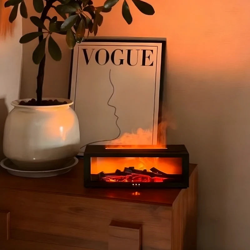 Flame humidifier producing cool mist with realistic fireplace lighting effect on a table 12