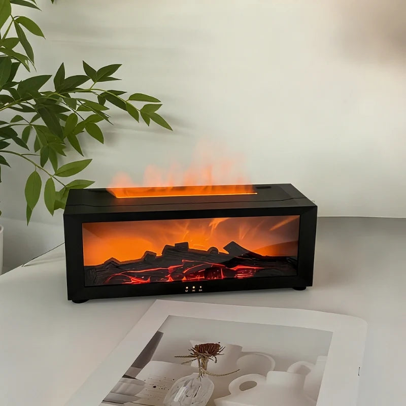 Flame humidifier producing cool mist with realistic fireplace lighting effect on a table 13