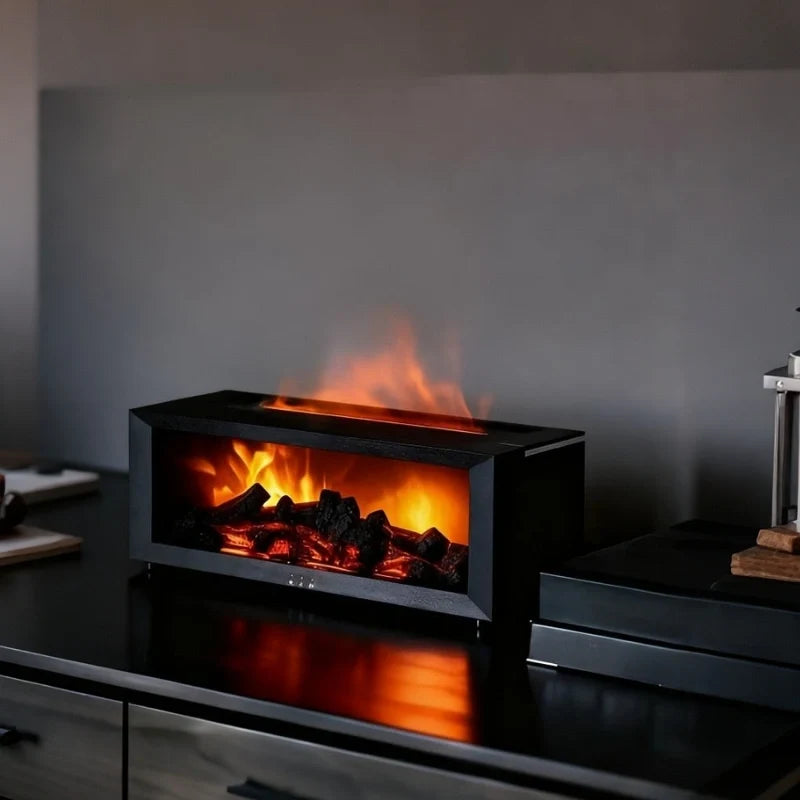 Flame humidifier producing cool mist with realistic fireplace lighting effect on a table 3