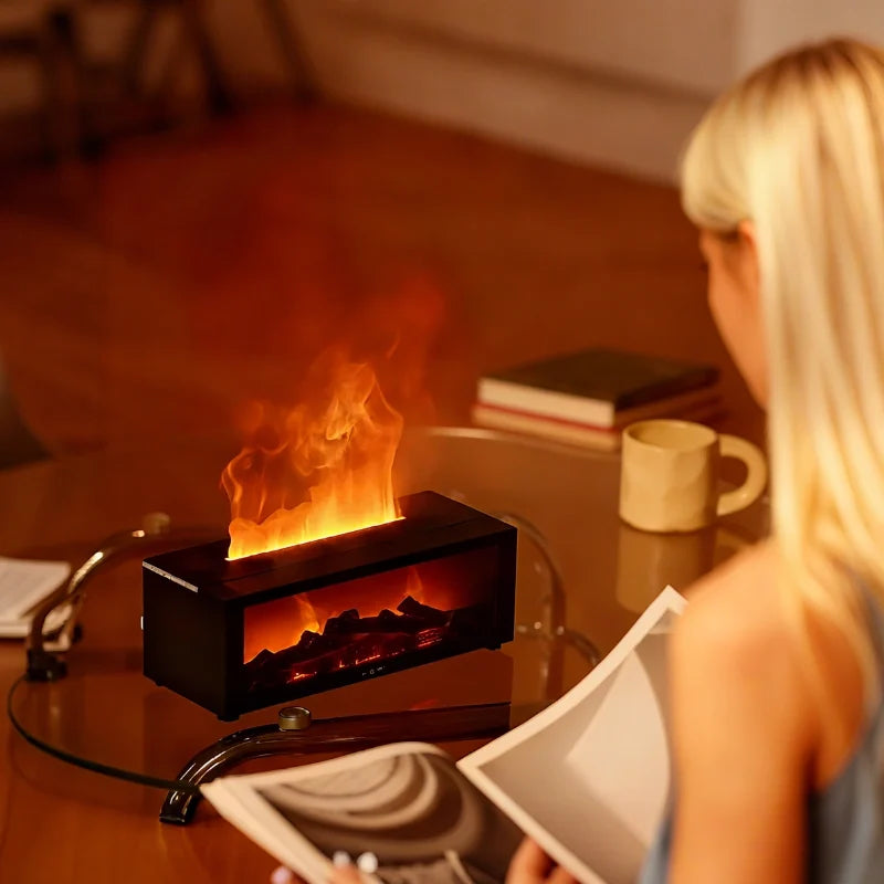 Flame humidifier producing cool mist with realistic fireplace lighting effect on a table 4