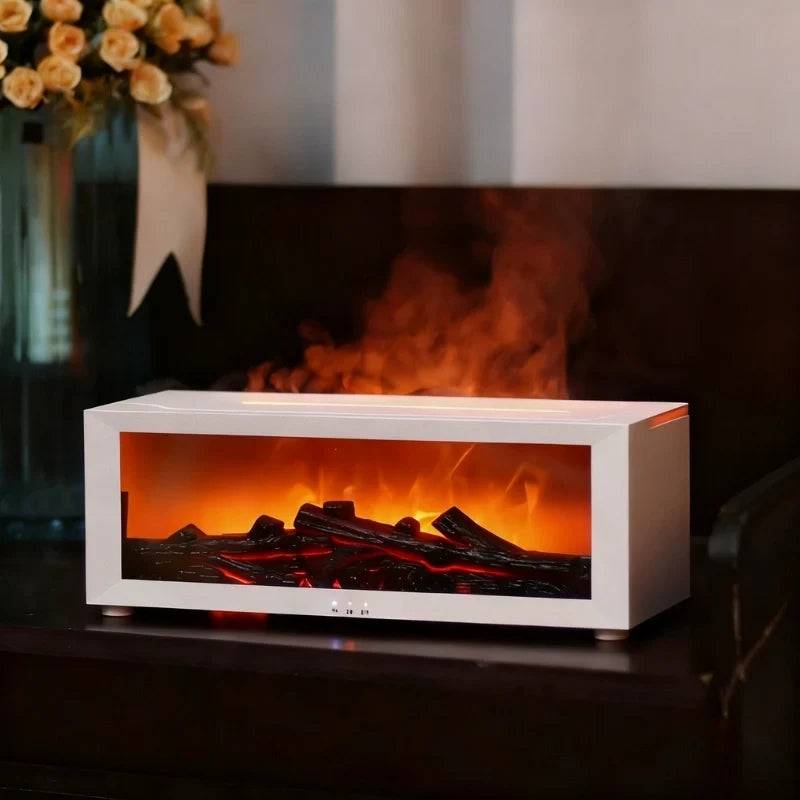 Flame humidifier producing cool mist with realistic fireplace lighting effect on a table 6