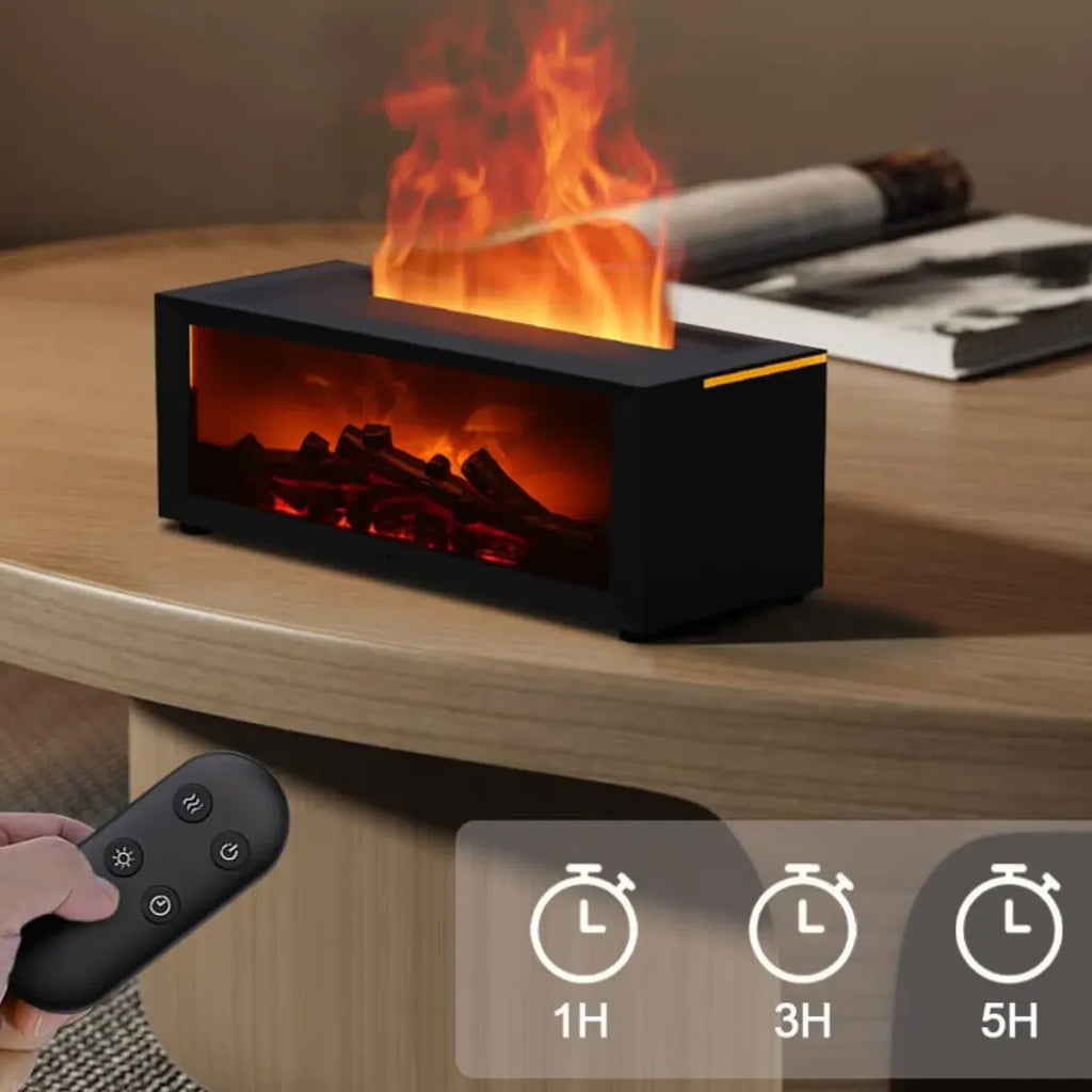 Flame humidifier producing cool mist with realistic fireplace lighting effect on a table 9