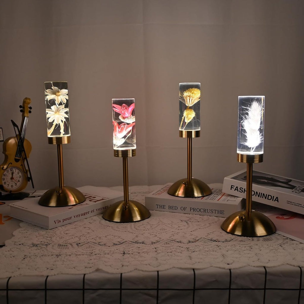 Floral Eternal Blossom rechargeable table lamp with embedded real flowers and tri-color LED lighting
