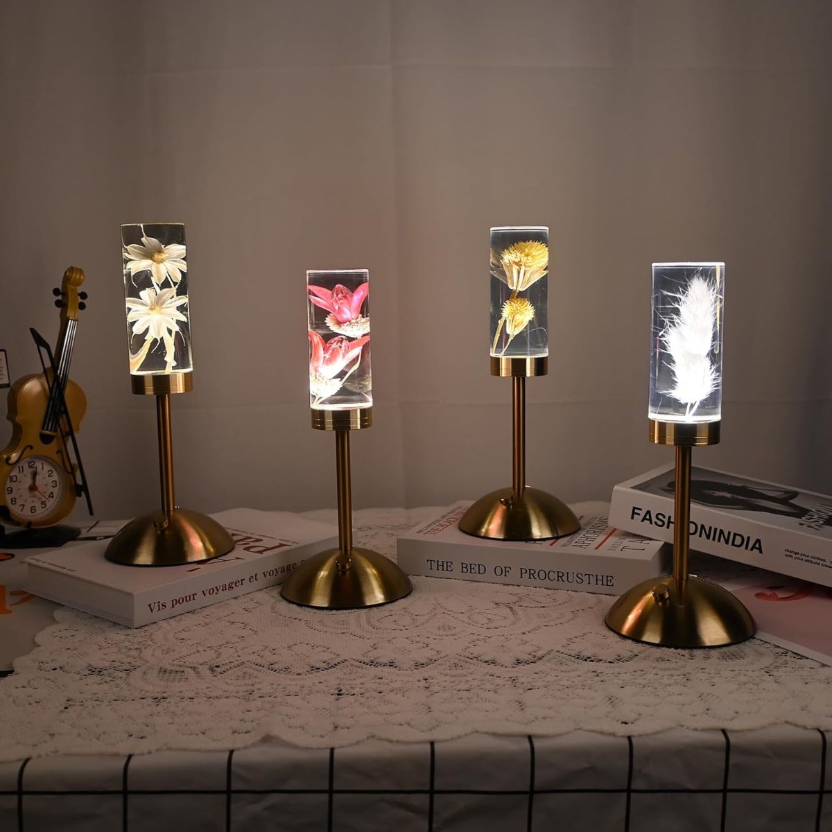 Floral Eternal Blossom rechargeable table lamp with embedded real flowers and tri-color LED lighting