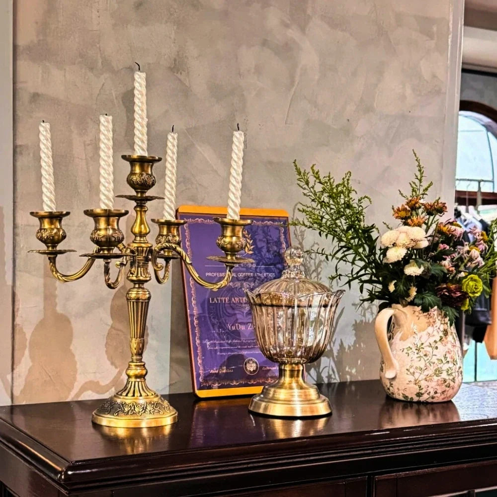 Gilded Nocturne vintage candelabra with adjustable arms and floral detailing in gold alloy 7