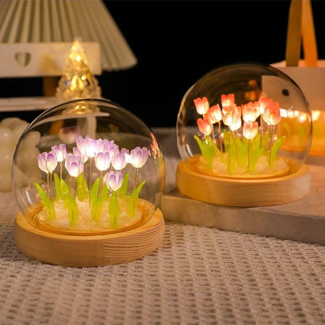 Glowing Tulip Enchantment LED light with 10 warm white tulips under glass dome