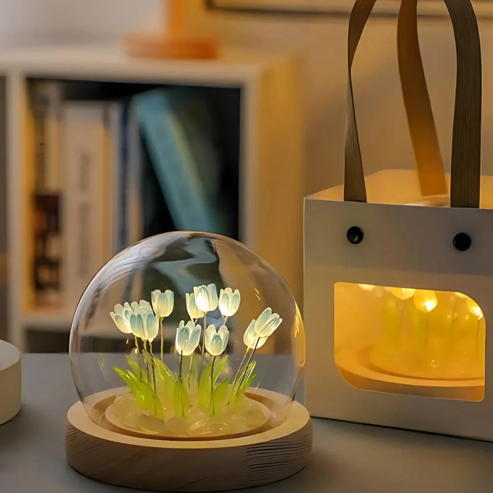Glowing Tulip Enchantment LED light with 10 warm white tulips under glass dome 10